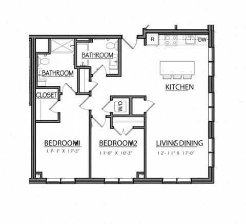 Floor plan for 2 beds, 2 baths, 1042 sqft